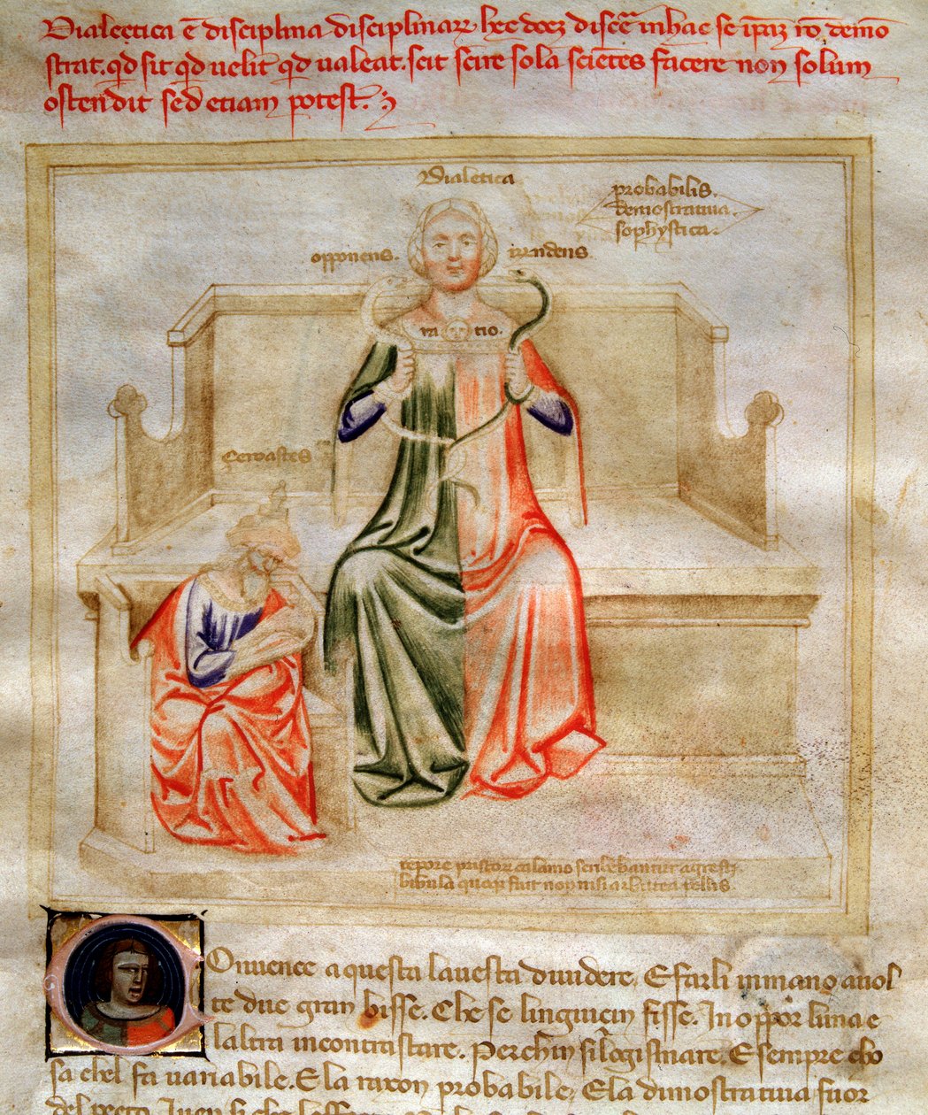 A dialektika allegóriái a "Chansonne des sept Vertus et des sept Arts liberales dedined to Bruzio Visconti" (Az erények és tudományok éneke) című művében, Bartolomeo di Bartolitól. Andrea di Bartoli akvarellje (aktív 1358 és 1368 között) (ms. 599, fo alkotó: Andrea de Bartoli