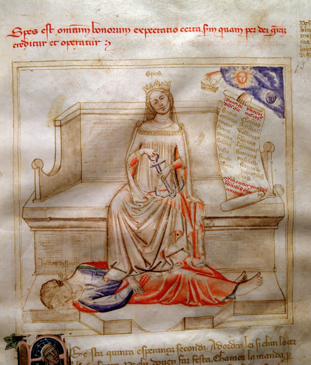 A hit allegóriái Bartolomeo di Bartoli "" Chansonne des sept virtues et des sept arts liberoux destinee a Bruzio Visconti " (Az erények és tudományok éneke) című könyvében. Andrea di Bartoli akvarellje (aktív 1358 és 1368 között) (ms. 599, fol. 5 alkotó: Andrea de Bartoli
