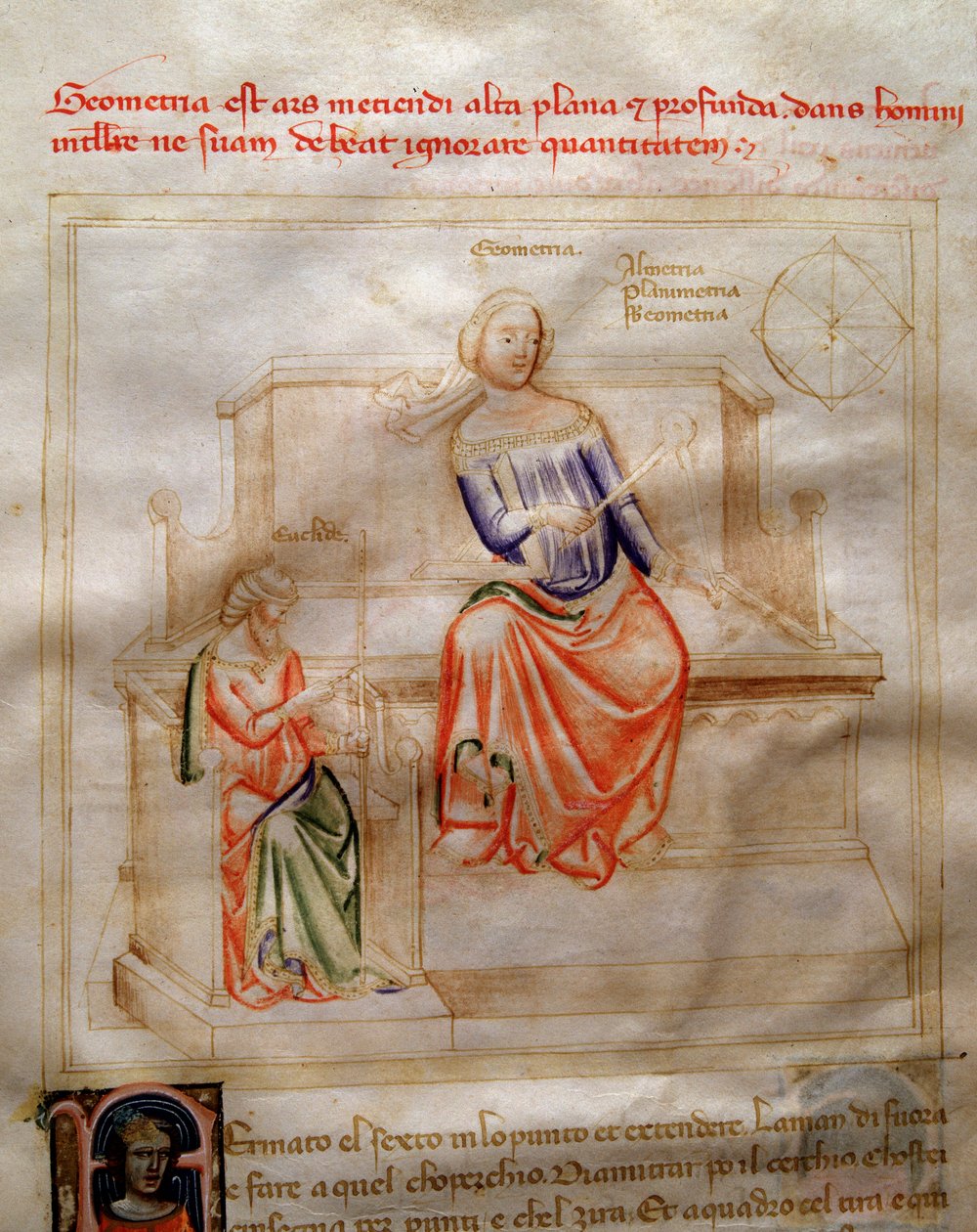 Geometriák allegóriái a "" Chansonne des sept Vertus et des sept Arts liberales dedined to Bruzio Visconti" (Az erények és tudományok éneke), Bartolomeo di Bartoli című művében. Andrea di Bartoli akvarellje (aktív 1358 és 1368 között) (ms. 599, fo alkotó: Andrea de Bartoli