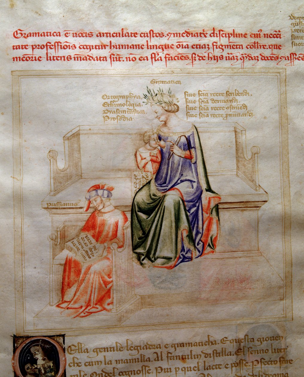 A Grammaire allegóriái a "Chansonne des sept Vertus et des sept Arts liberales dedined to Bruzio Visconti" (Az erények és tudományok éneke), Bartolomeo di Bartoli. Andrea di Bartoli akvarellje (aktív 1358 és 1368 között) (ms. 599, fo alkotó: Andrea de Bartoli