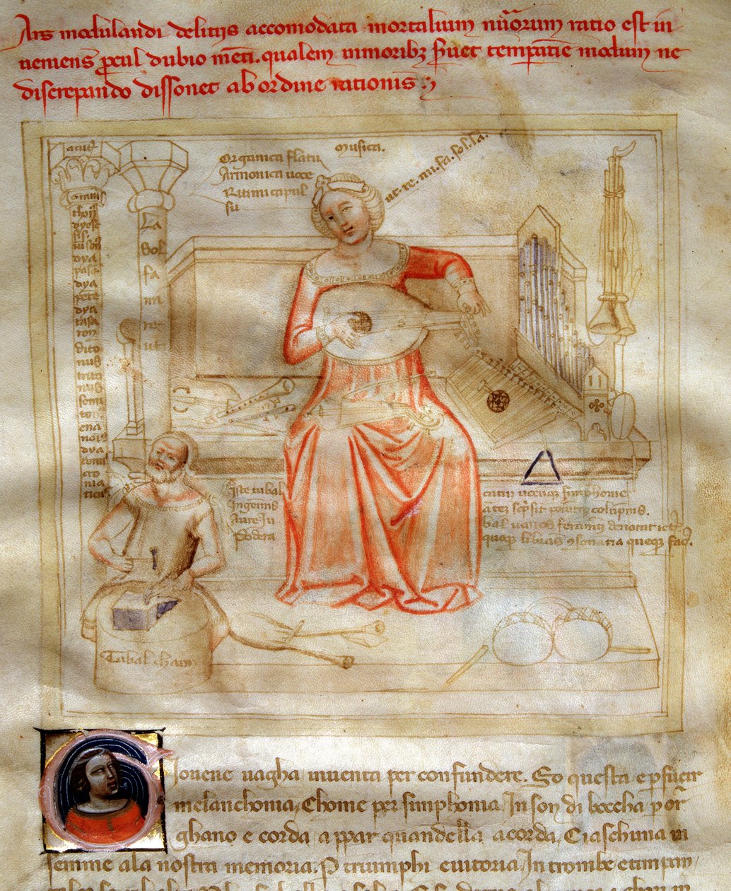 Allegorie de la Musique in „” Chansonne des sept Vertus et des sept Arts liberales destinee à Bruzio Visconti” (La Canzone delle Virtu e delle Scienze), Bartolomeo di Bartoli. Andrea di Bartoli akvarellje (aktív 1358 és 1368 között) (ms. 599, fol. alkotó: Andrea de Bartoli