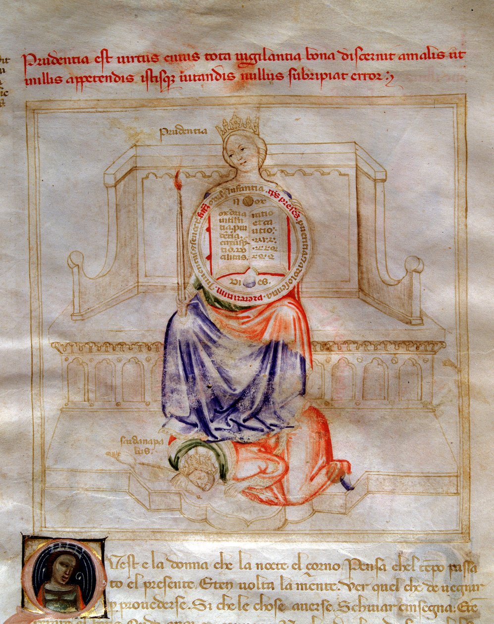 Az óvatosság allegóriái a "Chansonne des sept Vertus et des sept Arts liberales dedined to Bruzio Visconti" című művében (Az erények és tudományok éneke), Bartolomeo di Bartoli. Andrea di Bartoli akvarellje (aktív 1358 és 1368 között) (ms. 599, fol alkotó: Andrea de Bartoli