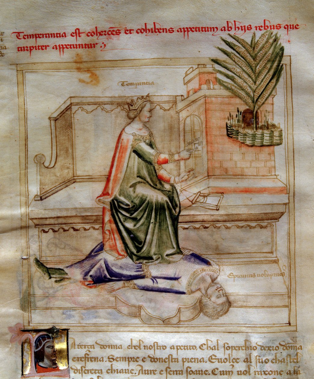 A mértékletesség allegóriái Bartolomeo di Bartoli "" Chansonne des sept virtues et des sept arts liberoux destinee a Bruzio Visconti " (Az erények és tudományok éneke) című művében. Andrea di Bartoli akvarellje (aktív 1358 és 1368 között) (ms. 599, f alkotó: Andrea de Bartoli