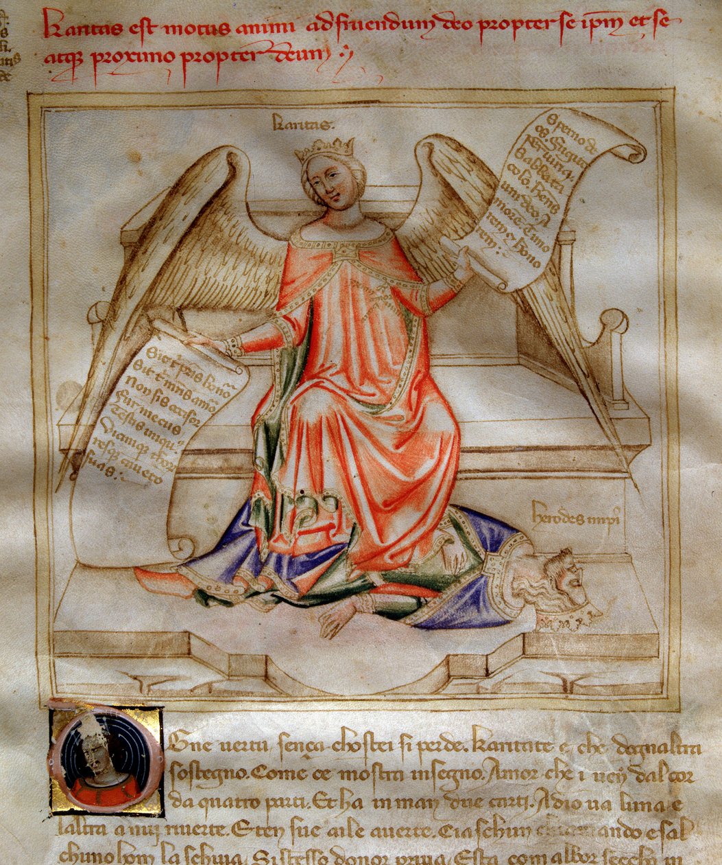 A Jótékonyság allegóriája I. Nagy Heródes lábánál taposva a Bruzio Viscontinak szánt „” Song of the Seven Vertus and the Seven Liberals Arts” című művében (Az erények és tudományok éneke), Bartolomeo di Bartoli. Andrea di Bartoli akvarellje ( alkotó: Andrea de Bartoli