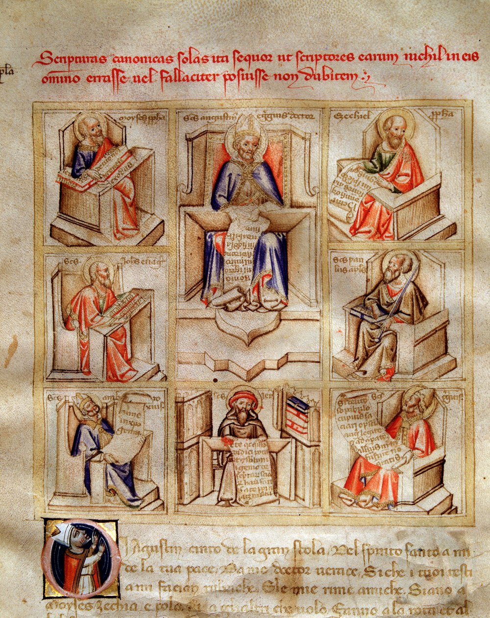 A templom doktorai: Szent János, Milánói Szent Ambrus, Szent Jeromos, Nagy Szent Gergely és Szent Pál a „Song of the Seven Vertus and the Seven Liberals Arts detied for Bruzio Visconti” (La Canzone delle) című műben. Virtu e dell alkotó: Andrea de Bartoli