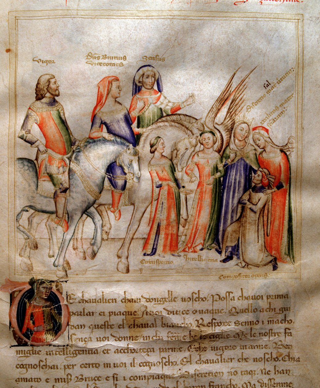 A szerző letérdelve bemutatja könyvét az ifjú milánói hercegnek, Viscontinak Bartolomeo di Bartoli „Song of the Seven Vertus and the Seven Liberal Arts destite of Bruzio Visconti” (La Canzone delle Virtu e delle Scienze) című művében. Akvarell: Andrea di alkotó: Andrea de Bartoli