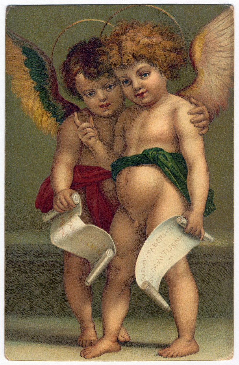 Két angyal. Jámbor kép ANDREA DEL SARTO (1486-1530) festőről, Drezda, 1910 körül (kromolitográfia) alkotó: Andrea del (after) Sarto