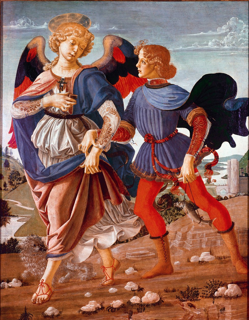 Tóbiás és Tóbiás angyal (Tóbiás), akiket vak apja megbízott a halmező megtalálásával, Rafael arkangyal kíséri. Andrea del Verrocchio iskolájának festménye (1435-1488) 1470-1480. Nemzeti Galéria, London alkotó: Andrea del (school of) Verrocchio
