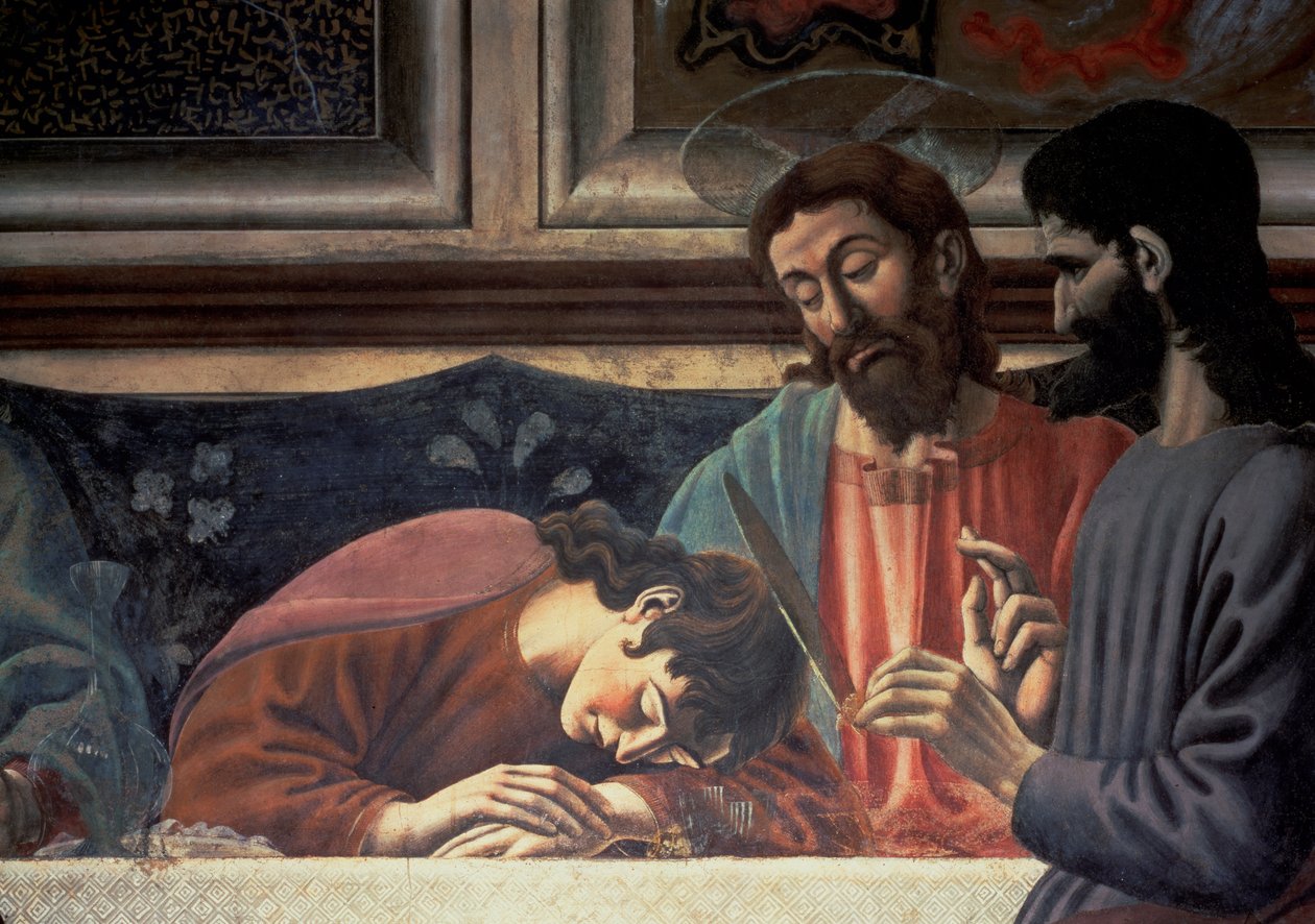 Az utolsó vacsora, Júdás, Krisztus és Szent János részlete, 1447 freskórészlet a 85172-ből alkotó: Andrea del Castagno