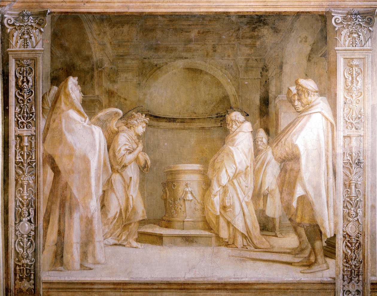 Angyal gyermeke születését hirdeti Zakariásnak, részlet Andrea del Sarto (1486-1530) Szűz történeteiből, monokróm freskó, Scalzo kolostor, Firenze alkotó: Andrea del Sarto