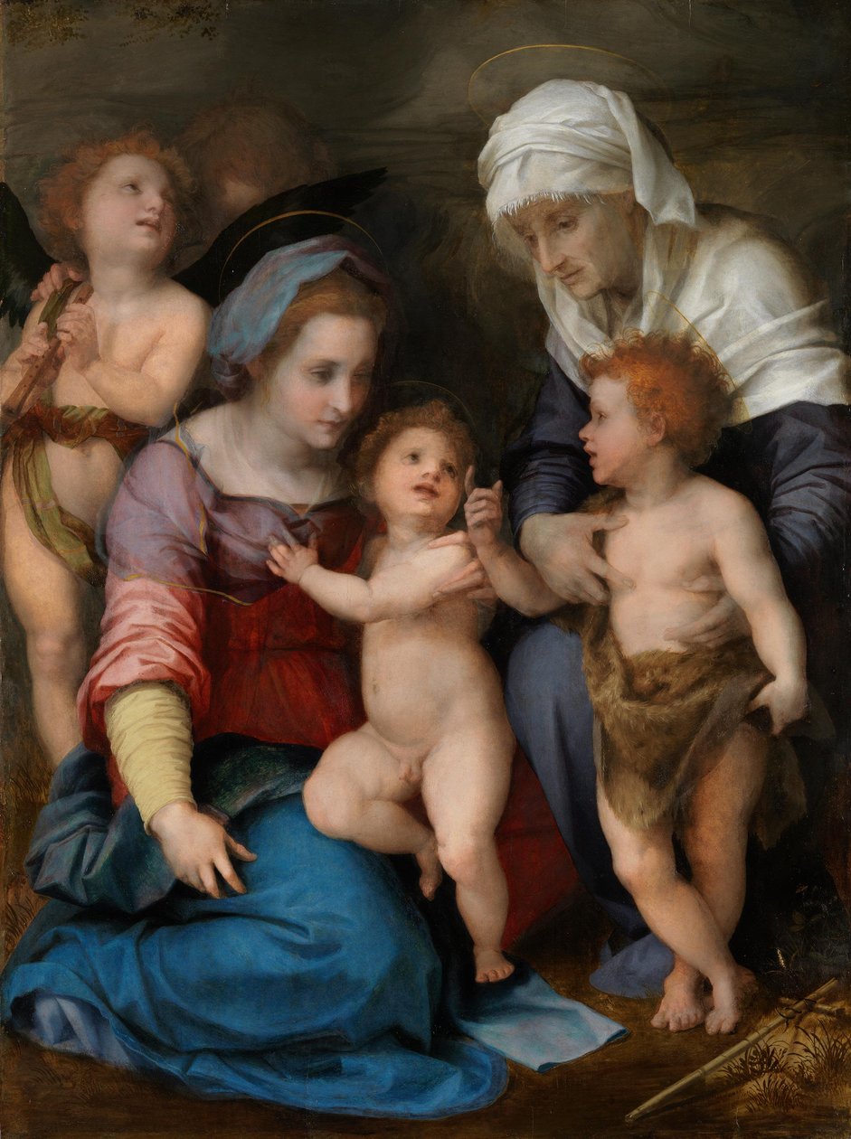 Szent család (Mária a gyermekkel, a gyermek Keresztelő Jánossal, Szent Erzsébettel és két angyallal) alkotó: Andrea del Sarto