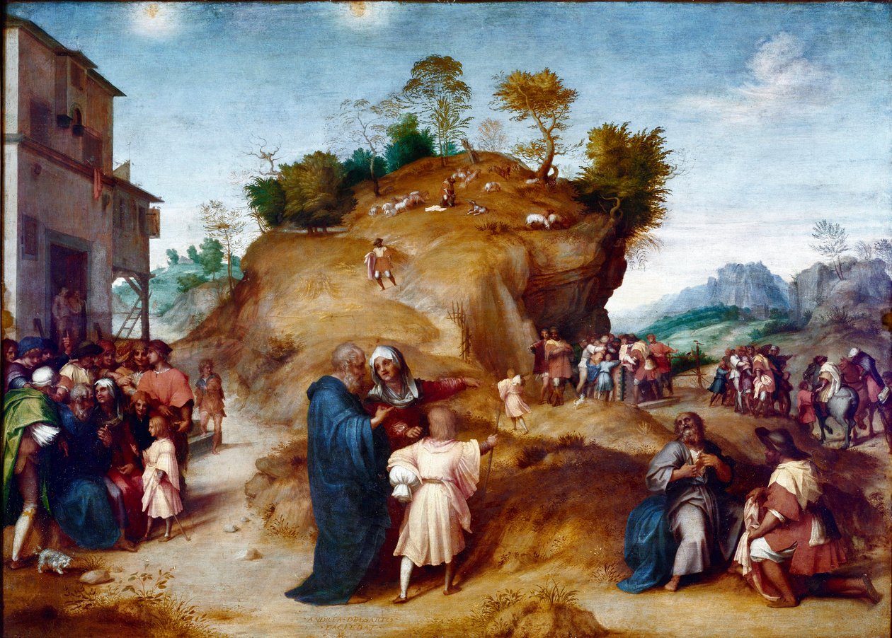 József, Jákob fiának története: „József megmagyarázza apja álmait”” Andrea del Sarto (1486-1530) festménye fára 1515-1517 Dim. 98x135 cm Firenze, Palazzo Pitti, Galleria Palatina alkotó: Andrea del Sarto
