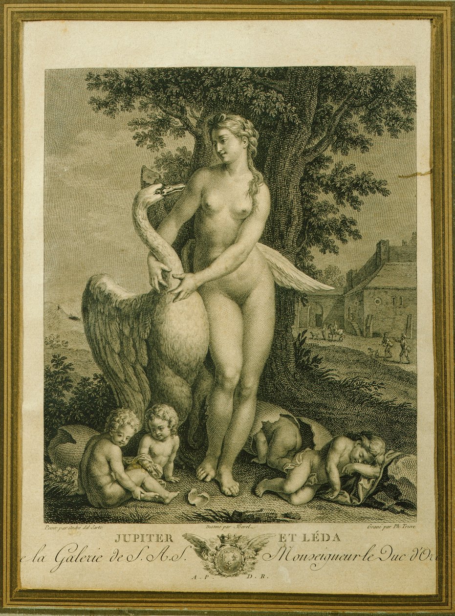 Léda és a hattyú, Philippe Triere (1756-1815) metszete, Andrea Del Sarto rajzából alkotó: Andrea del Sarto