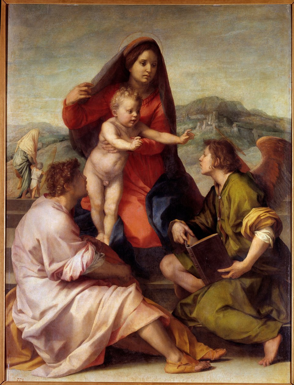 Madonna della Scala. Szent család egy angyallal. Andrea del Sarto (1486-1531) festménye 1522-1523 V. 1,77x1,35 m Madrid, Prado Múzeum alkotó: Andrea del Sarto