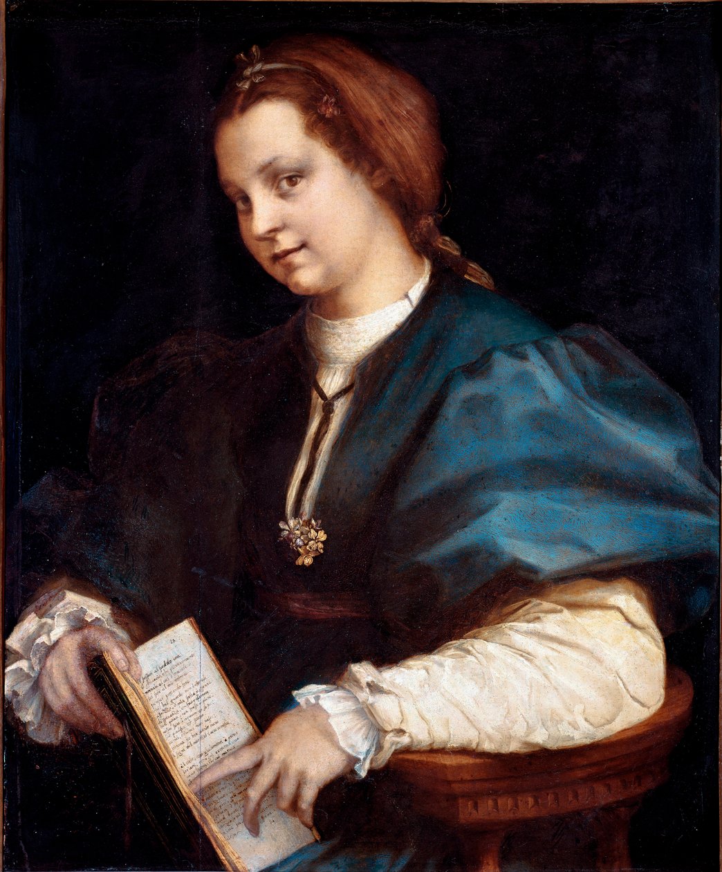 Ismeretlen portréja (Petrarcinói hölgy, a nő a kezében tartja Petrarch (Petrarca) „Canzoniere” másolatát) Andrea del Sarto (1486-1530) fafestménye 1528 körül V. 84x69 cm Firenze, Galleria degli Uffizi (Irodák) alkotó: Andrea del Sarto