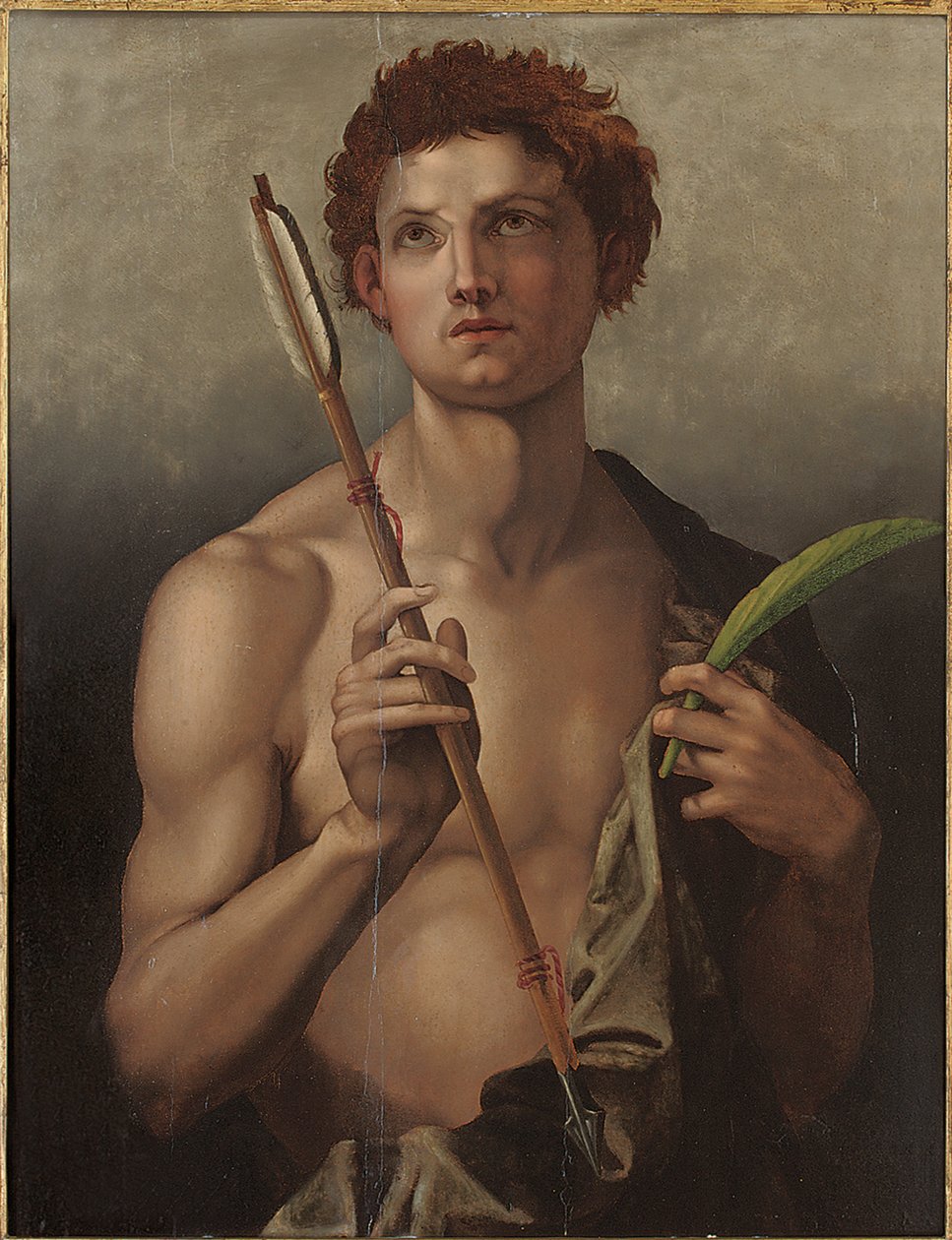 Szent Sebestyén jobb kezében nyíllal, baljában a vértanú tenyerével alkotó: Andrea del Sarto