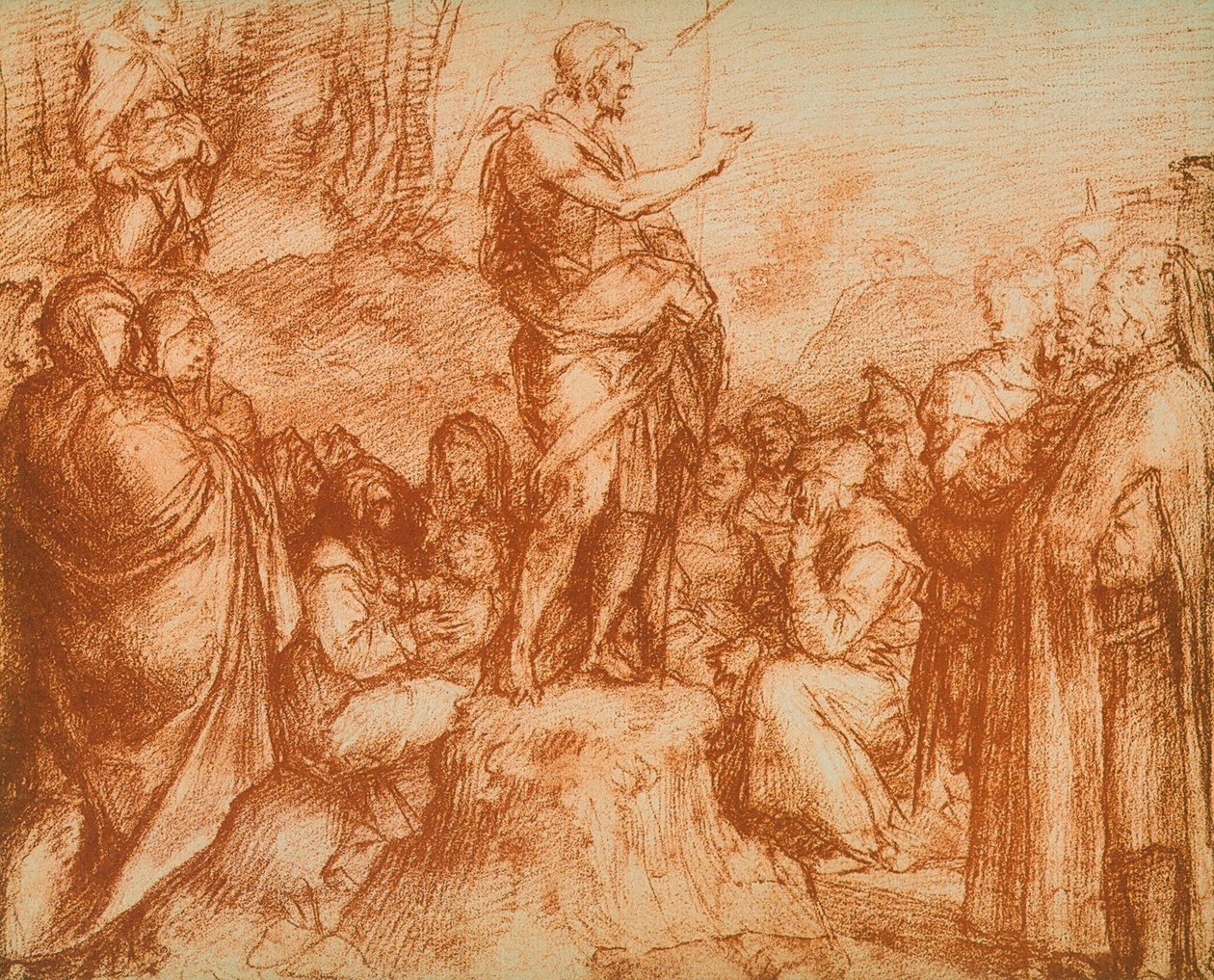Keresztelő Szent János prédikál a sokaságnak, előkészítő tanulmány a Chiostro dello Scalzo freskójához, Andrea del Sarto rajza. Rajz- és nyomatszekrény, Uffizi Galéria, Flor alkotó: Andrea del Sarto