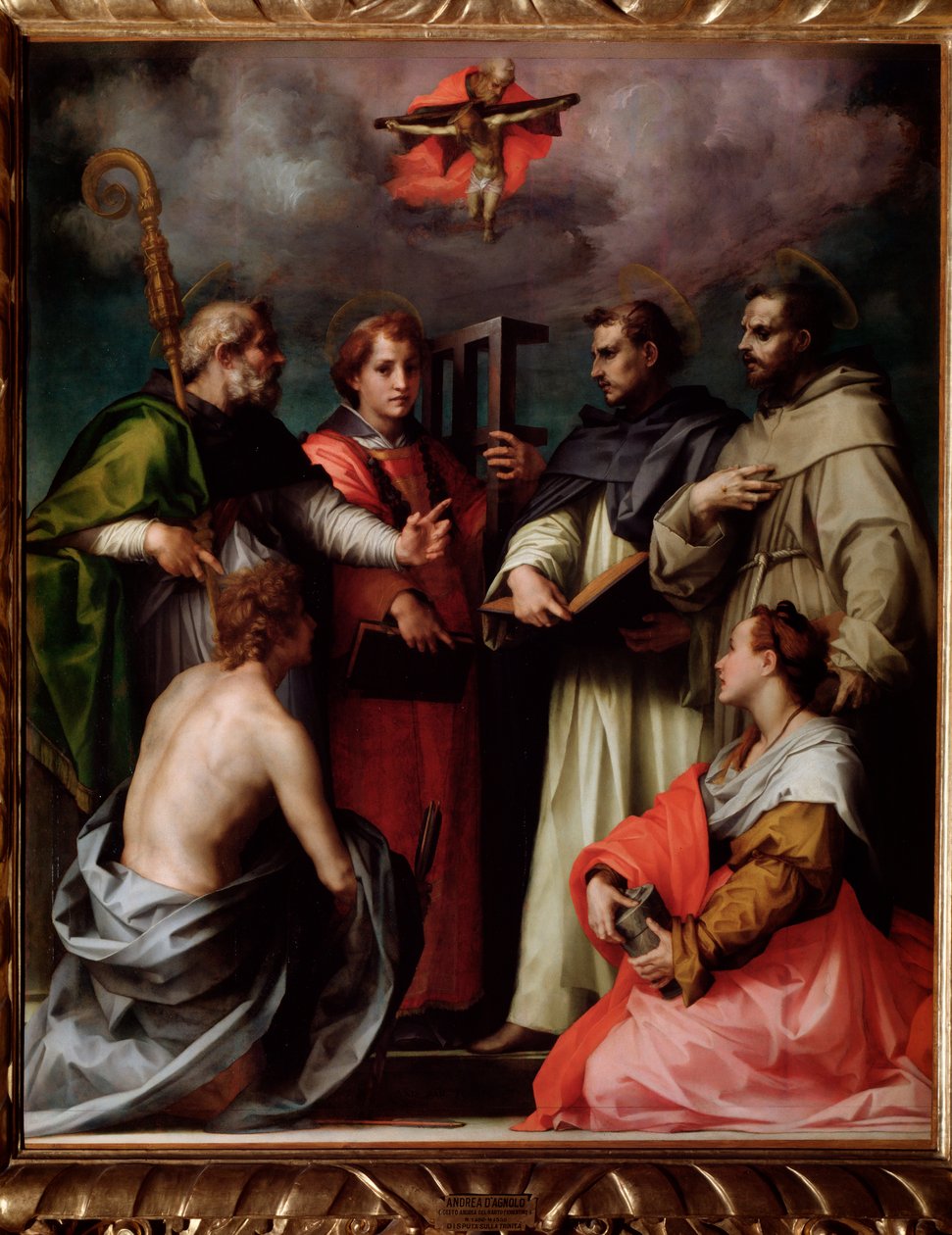 A Szentháromság vitája Szent Péterrel, Szent Lőrinccel, Hippói Szent Ágostonnal, Szent Ferenccel, Szent Sebestyénnel, Szent Mária Magdolnával (Festmény, 1517 körül) alkotó: Andrea del Sarto