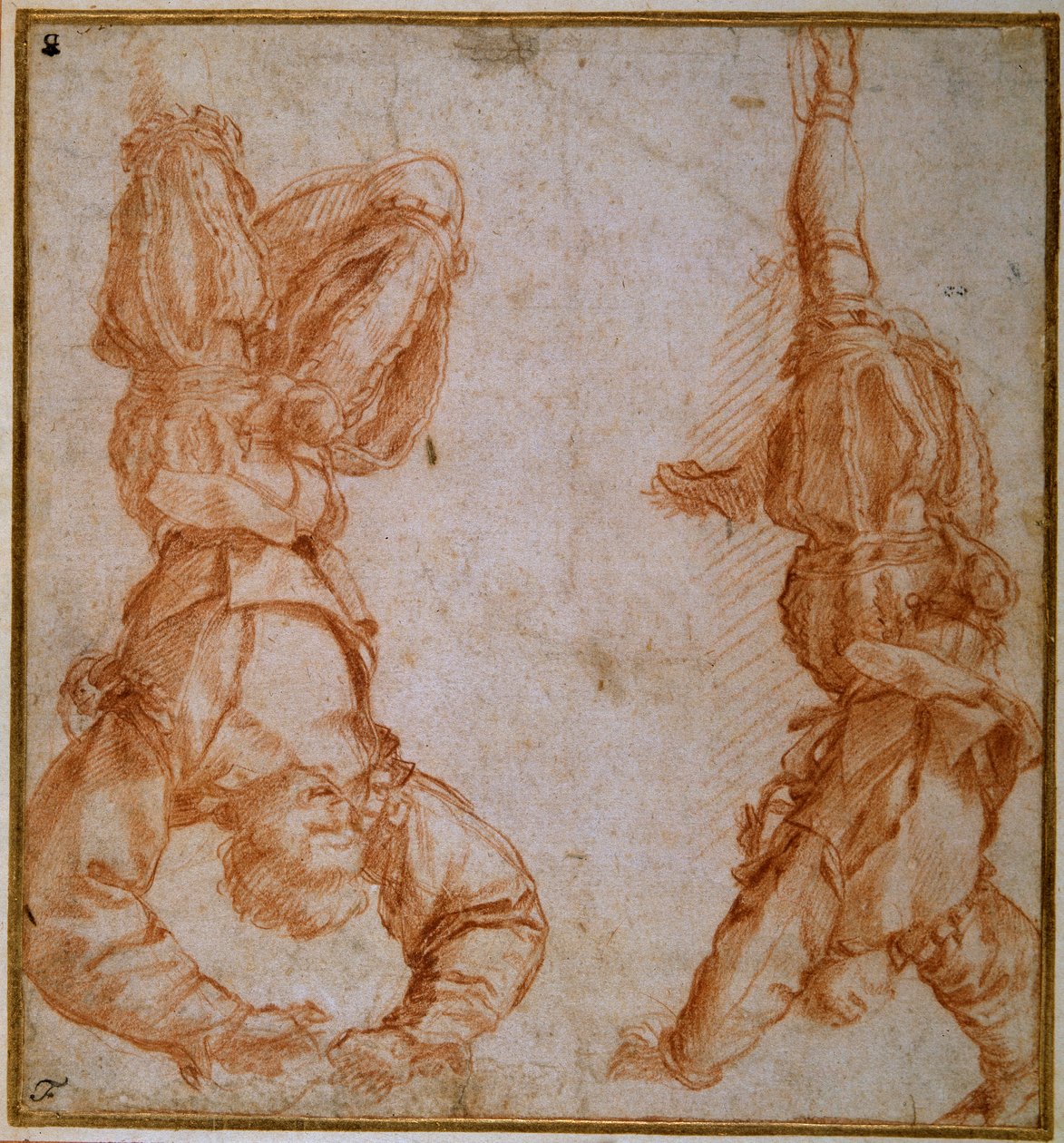 Két tanulmány egy férfiról, akit a bal lábánál fogva felfüggesztett (vörös kréta krémpapíron) alkotó: Andrea del Sarto