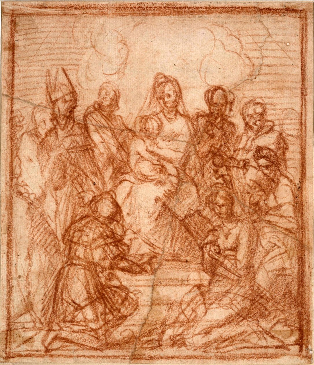 "Madonna és gyermek a trónon nyolc szenttel" (Trónon ülő Madonna gyermekével és nyolc szenttel (Összeállítás tanulmány)) Andrea del Sarto (1486-1531) szangvinikus rajza 1528 Szangvinikus papíron Mérete 15,6x13 ,5 cm Staatliche Museen, Berlin alkotó: Andrea del Sarto