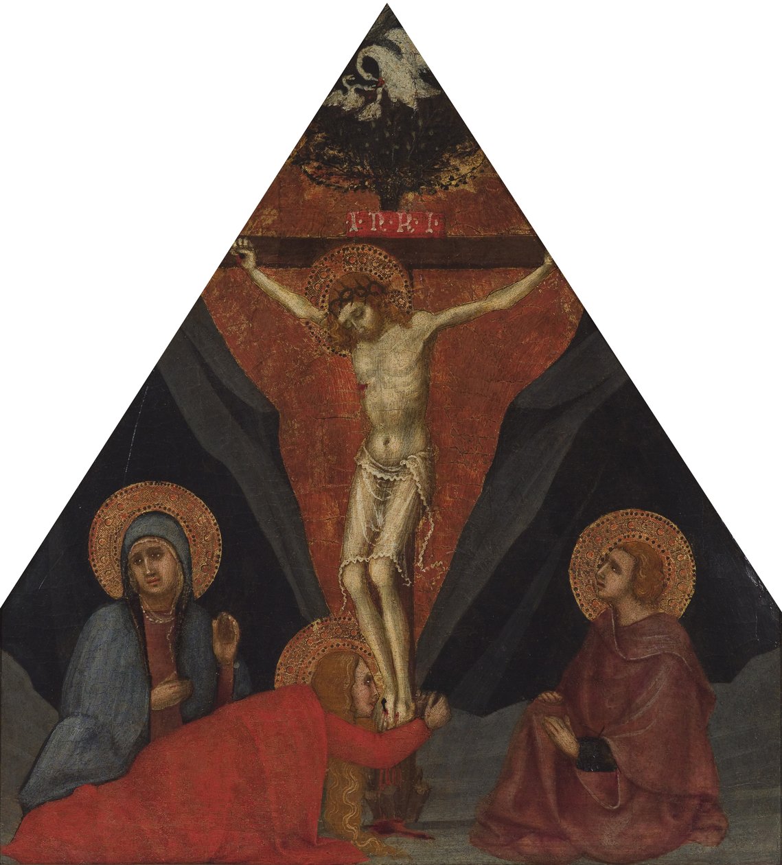 A keresztre feszítés Szűzanyával, Mária Magdolnával és Szent János evangélistával, 1400 körül alkotó: Andrea di Bartolo