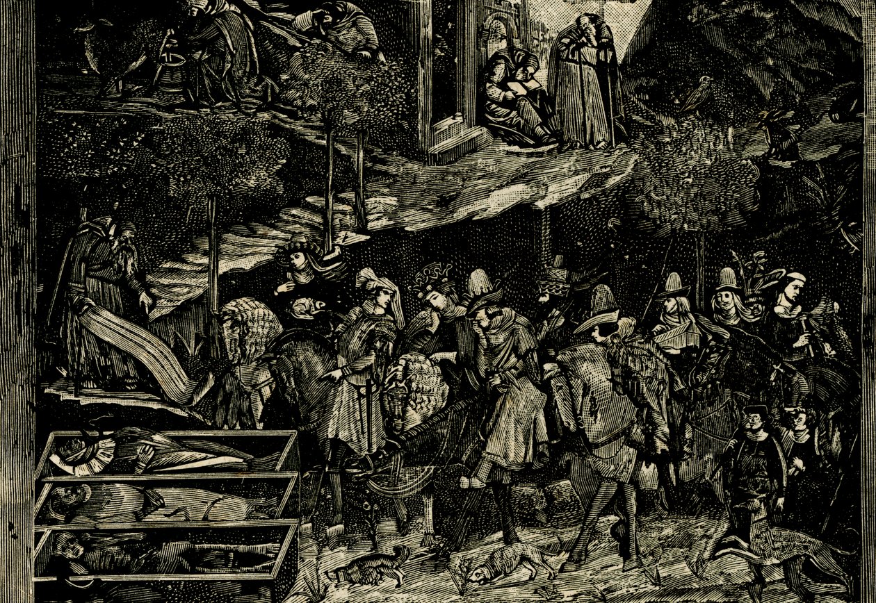 Lovaglás, részlet a halál diadalából, Andrea Orcagna freskója (kb. 1315-1368), Pisa, Toszkána, Olaszország, fametszet a Le cento citta d