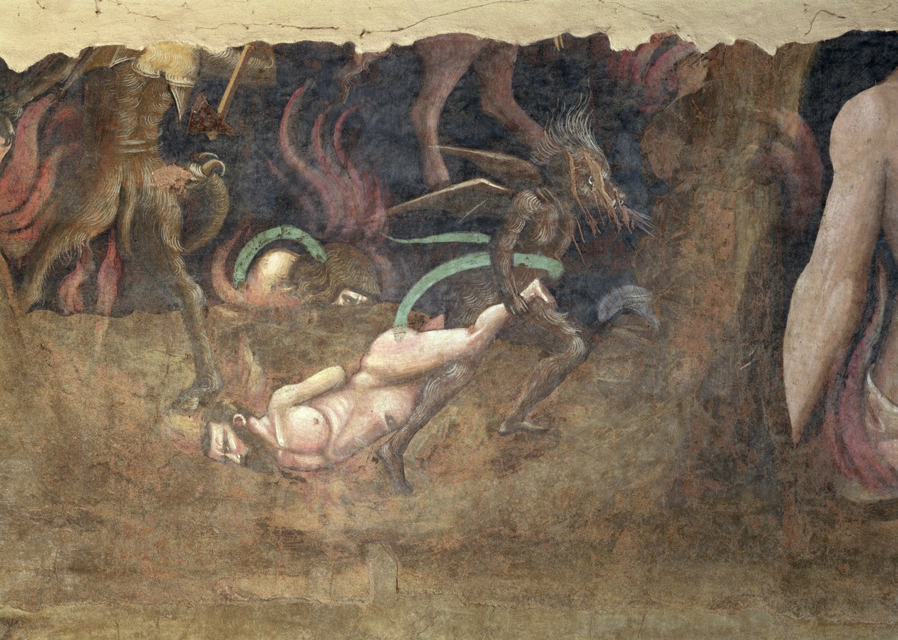 A halál diadala, egy ördög részlete, aki egy bűnöst visz a pokolba, 1348-as freskó alkotó: Andrea di Cione Orcagna