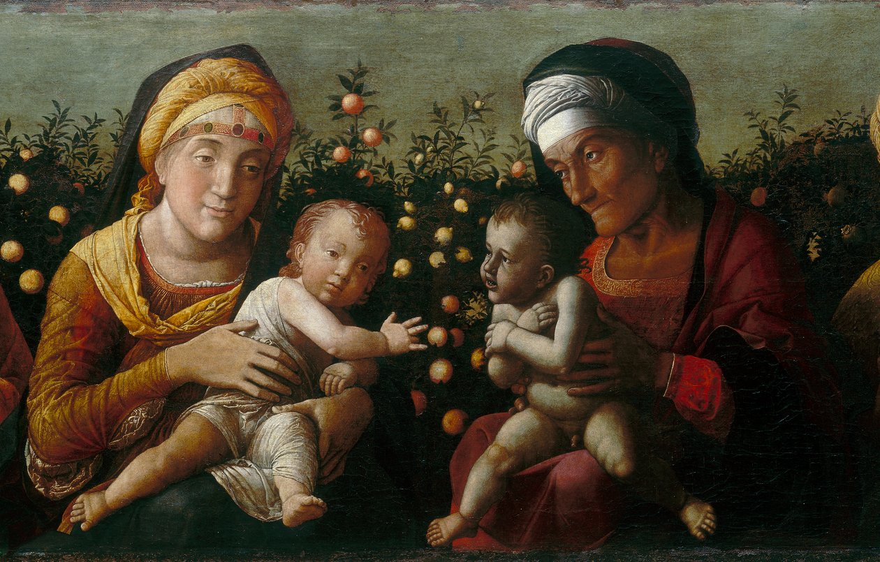 A Szent Család Szent Erzsébettel, Jánossal és Zakariással, részlet alkotó: Andrea school of Mantegna
