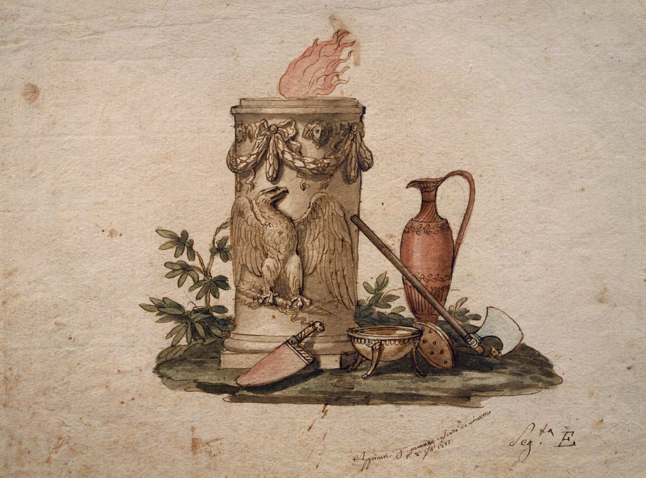 Oszlop alakú kályha, sassal díszített, vágófegyverekkel, csészével és amforával, Andrea Appiani (1754-1817) festménye, Olaszország alkotó: Andrea the Elder Appiani