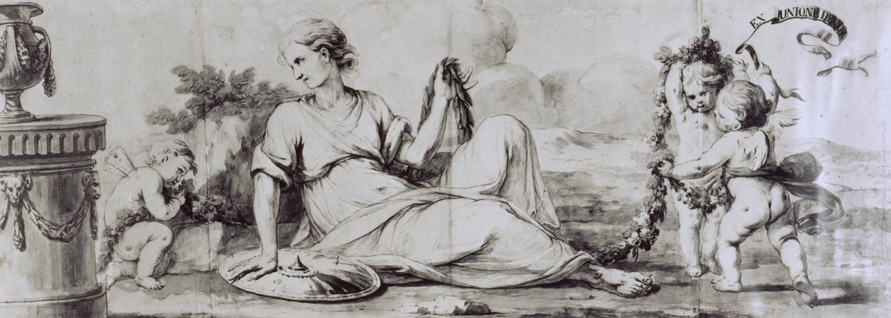 Női figura puttival, allegorikus kompozíció, kb 1754, Andrea Appiani (1754-1817) terve, Giuseppe Maggiolini komód-irodához, Olaszország alkotó: Andrea the Elder Appiani