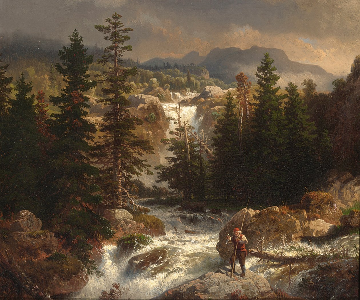 Egy halász torrenten ellenőrzi a fogását alkotó: Andreas Achenbach