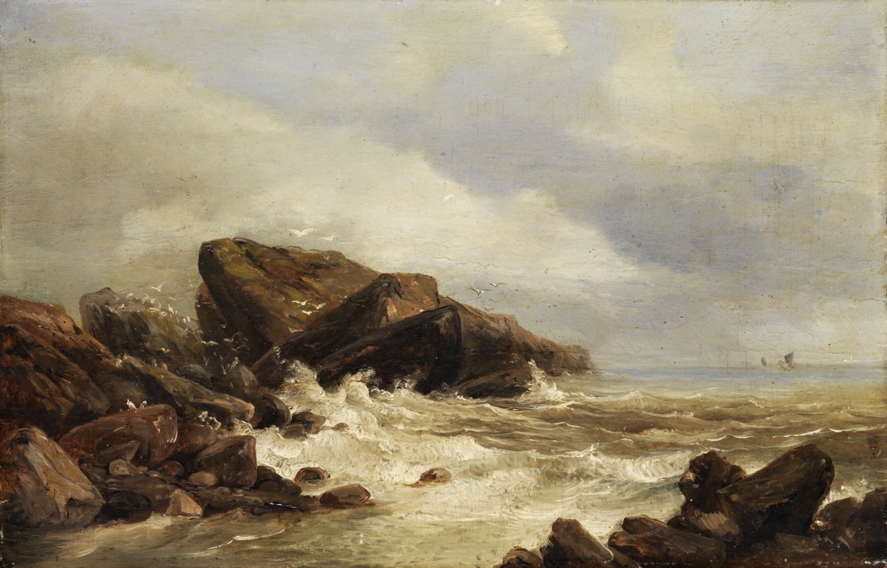 Sziklás part a szörfözésben alkotó: Andreas Achenbach