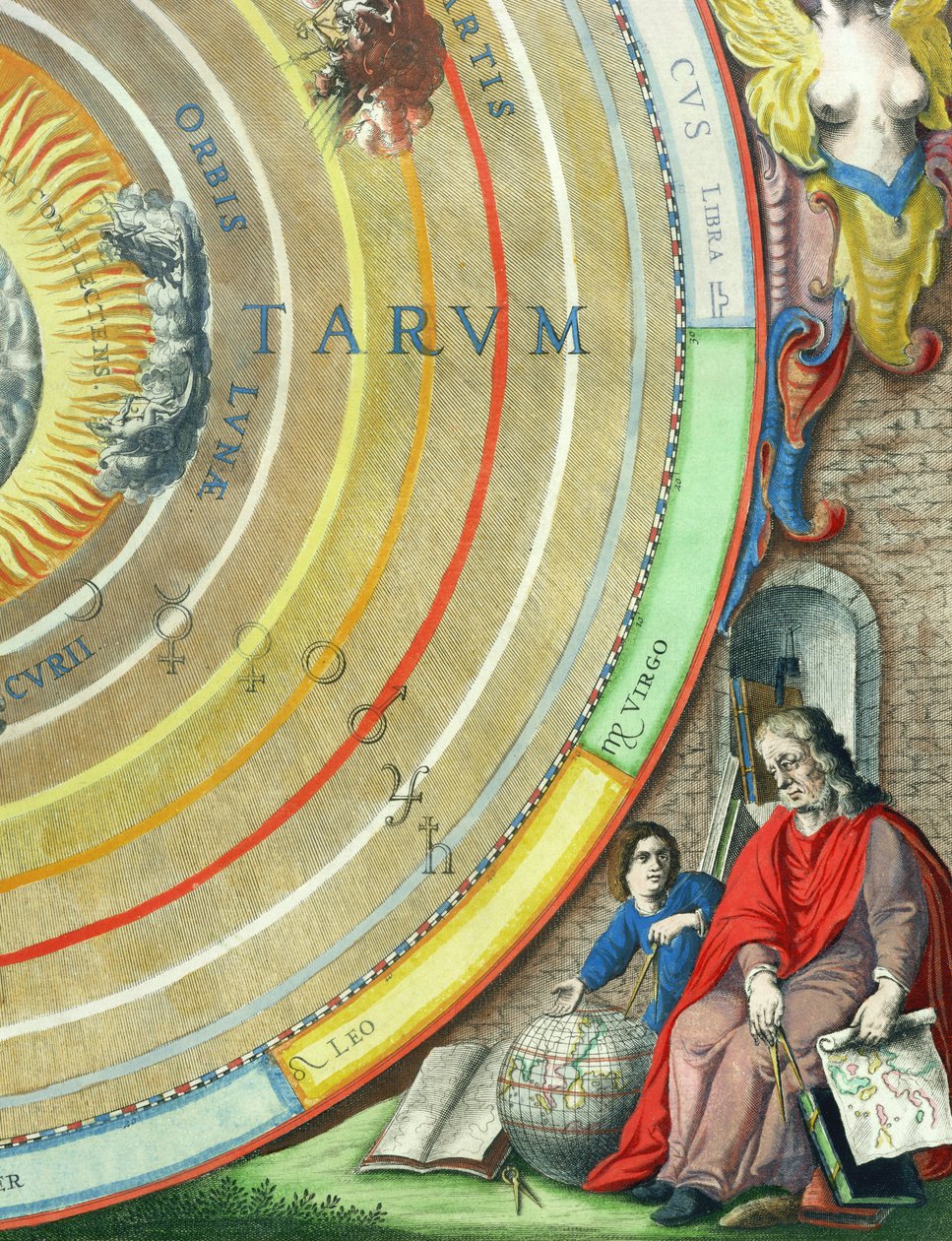 Csillagász, részlet a bolygók térképéről, az „Egy égi atlasz, avagy A világegyetem harmóniája” (Atlas coelestis seu harmonia macrocosmica) kocsmából. Joannes Janssonius, Amszterdam, 1660-61 (ha alkotó: Andreas Cellarius
