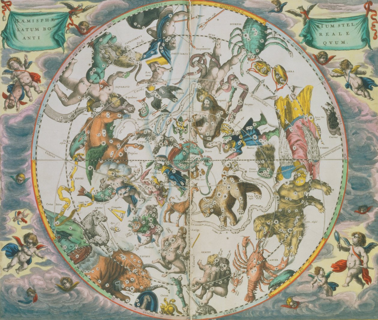 Az égi síkgömb az állatöv jegyeit mutató „Az égi atlasz, avagy az univerzum harmóniája” (atlas coelestis seu harmonia macrocosmica) kocsmából. Joannes Janssonius, Amszterdam, 166 alkotó: Andreas Cellarius