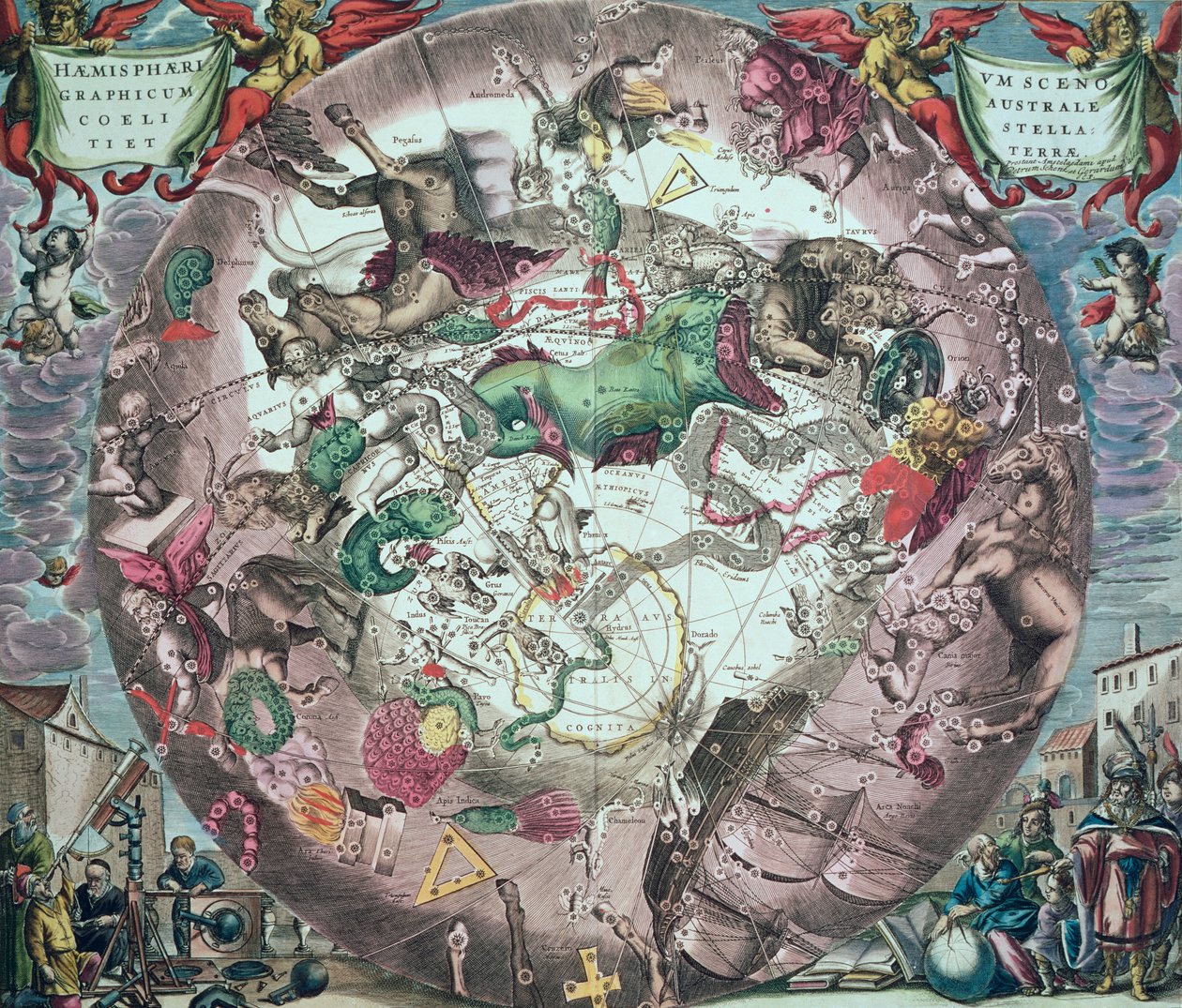 A déli félteke csillagképei az „Égi atlasz, avagy a világegyetem harmóniájából” (Atlas coelestis seu harmonica macrocosmica) Pieter Schenk (1660-1719) és Gerard Valk által metszett alkotó: Andreas Cellarius