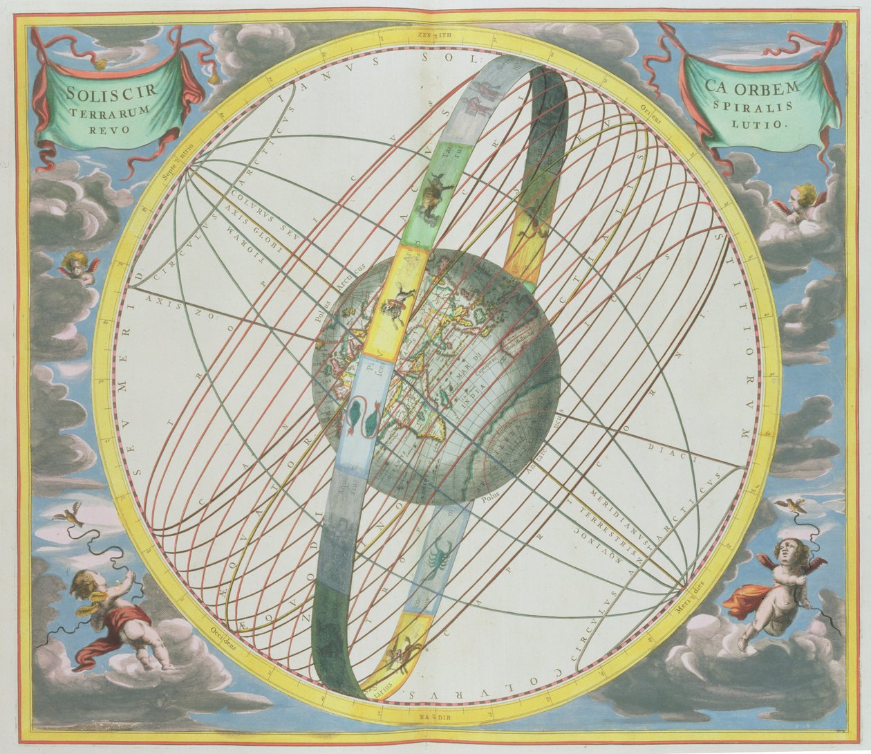 Térkép A Hold Föld körüli pályáját ábrázoló térkép az „Egy égi atlasz, avagy Az univerzum harmóniája” (Atlas coelestis seu harmonia macrocosmica) kocsmából. Joannes Janssonius, Amszterdam, 1660-61 alkotó: Andreas Cellarius