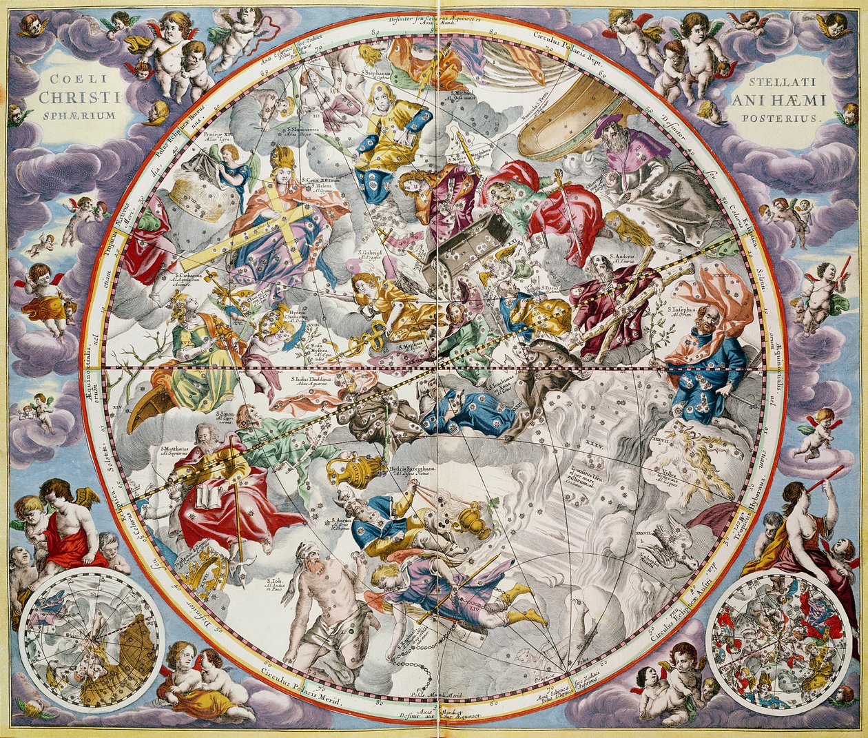 Julius Schiller által ábrázolt keresztény csillagképek térképe „Az égi atlasz, avagy a világegyetem harmóniája” (Atlas coelestis seu harmonia macrocosmica) kocsmából. írta: Joannes Janssonius, A alkotó: Andreas Cellarius