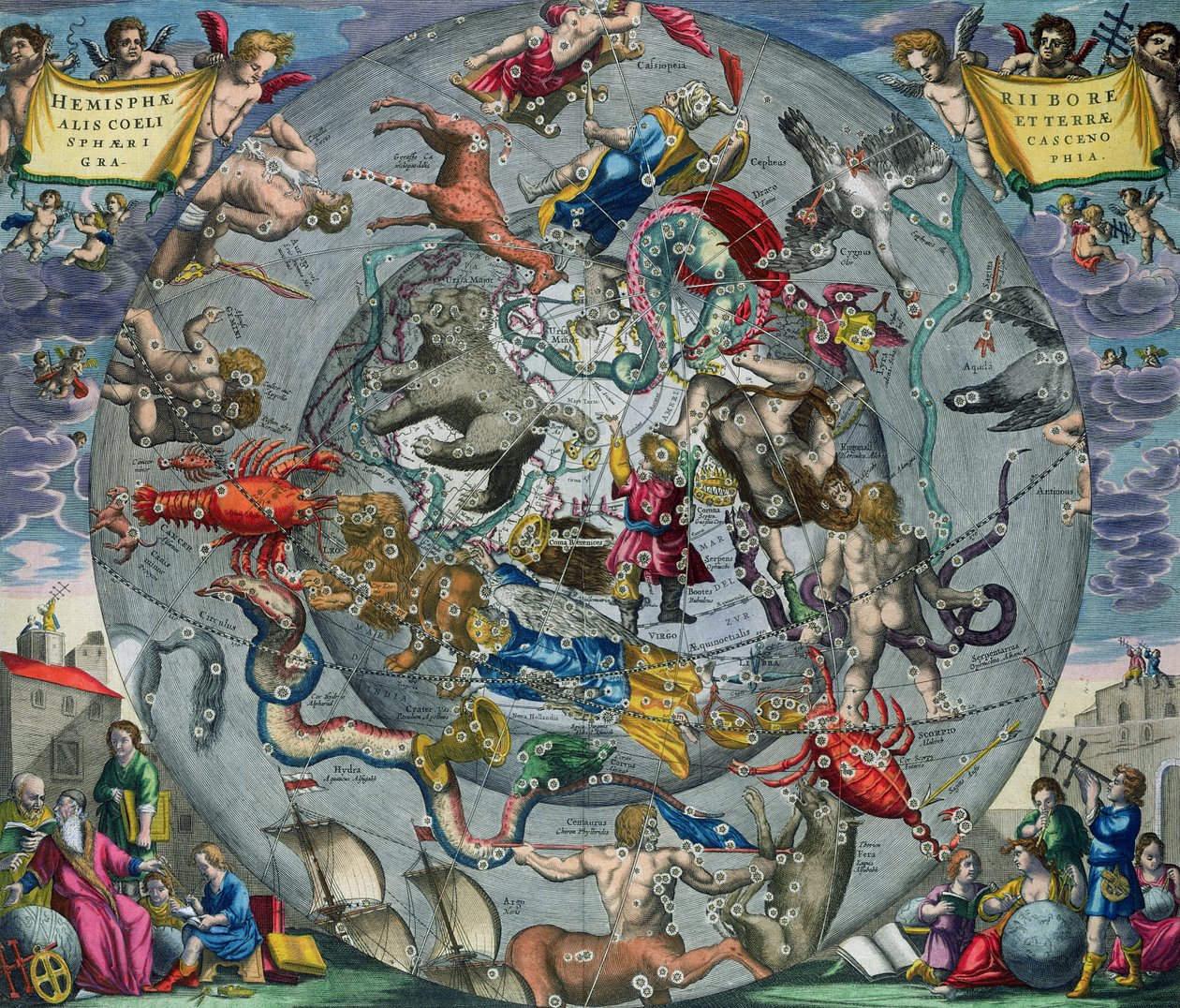 Az északi félteke csillagképeinek térképe, „Az égi atlasz, avagy a világegyetem harmóniája” (Atlas coelestis seu harmonia macrocosmica) kocsmából. Joannes Janssonius, Amszterdam, 1660 alkotó: Andreas Cellarius