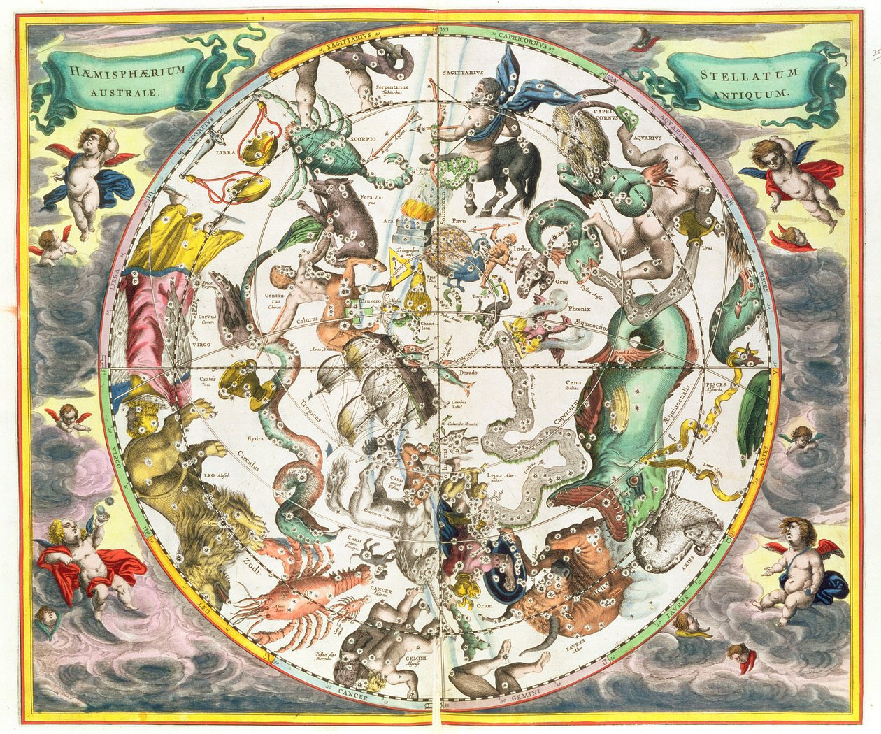 A déli félteke térképe, a Joannes Janssonius által kiadott "The Celestial Atlas, or The Harmony of the Universe" (Atlas coelestis seu harmonia macrocosmica) című kötetből, Amszterdam, 1660-61 (kézzel színezett eng. alkotó: Andreas Cellarius