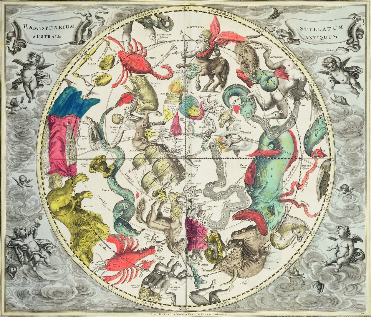 A déli félteke térképe, „Az égi atlasz, avagy a világegyetem harmóniája” (Atlas coelestis seu harmonia macrocosmica) kocsmából. Joannes Janssonius, Amszterdam, 1660-61 (kézzel színezett eng alkotó: Andreas Cellarius