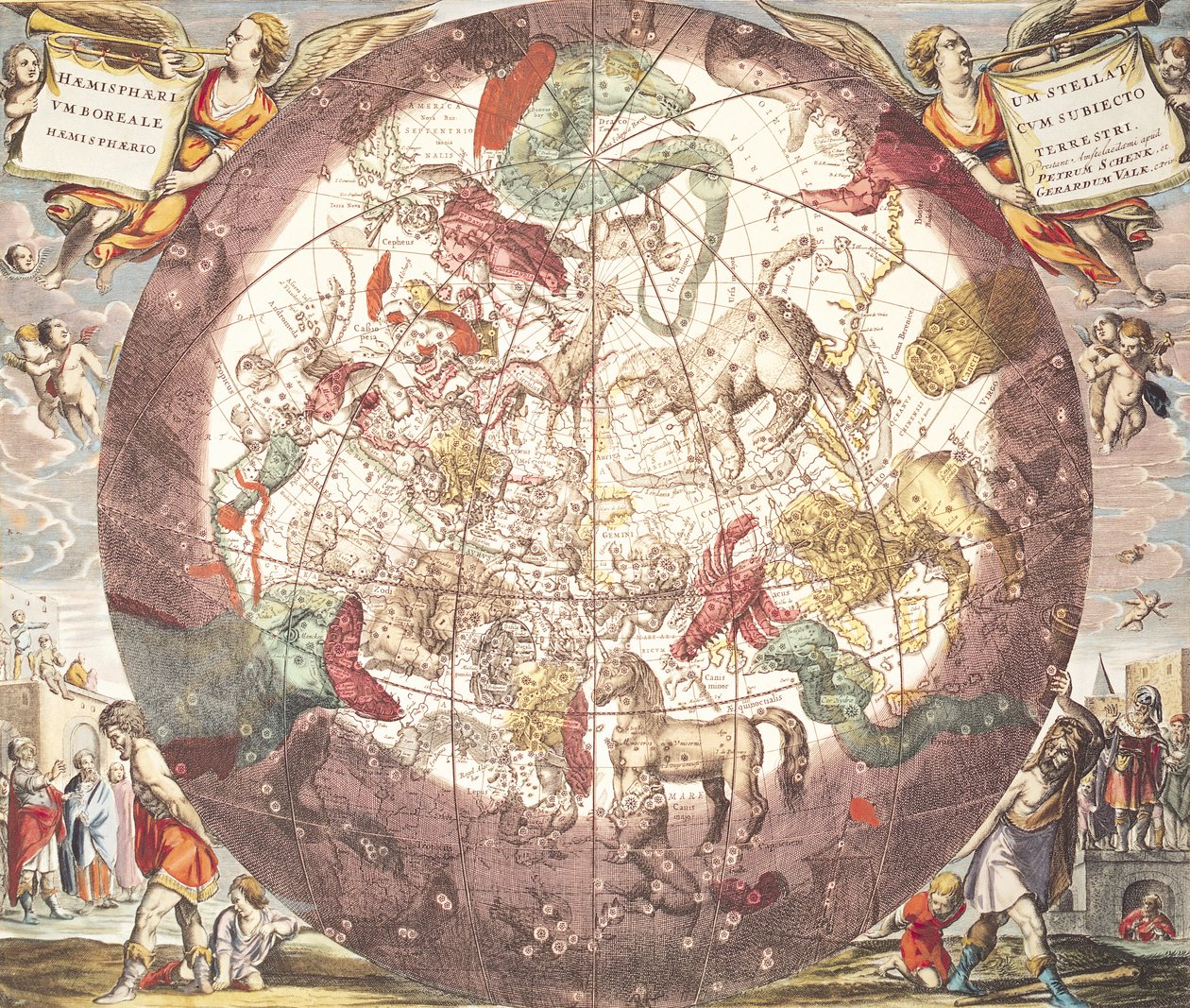 Északi (boreális) félteke, az „Égi atlasz, avagy az Univerzum harmóniája” című művéből, Pieter Schenk (1660-1719) és Gerard Valk (1651-1726) metszetében (kézzel színezett metszet) alkotó: Andreas Cellarius