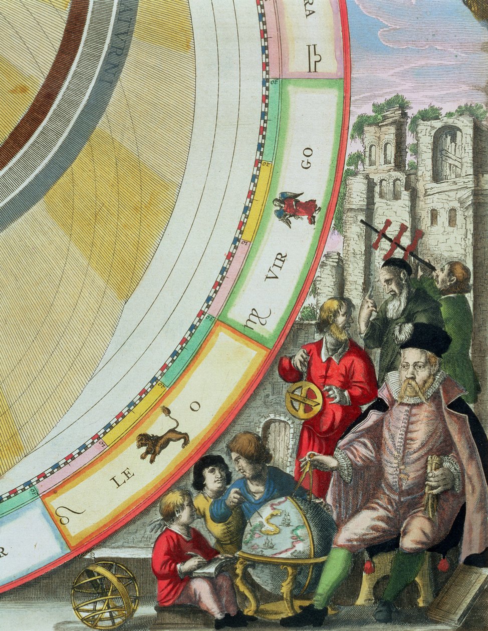 Tycho Brahe (1546-1601), részlet a bolygópályák rendszerét bemutató térképről, „Az égi atlasz, avagy a világegyetem harmóniája” (Atlas coelestis seu harmonia macrocosmica) kocsmából. írta Joanne alkotó: Andreas Cellarius