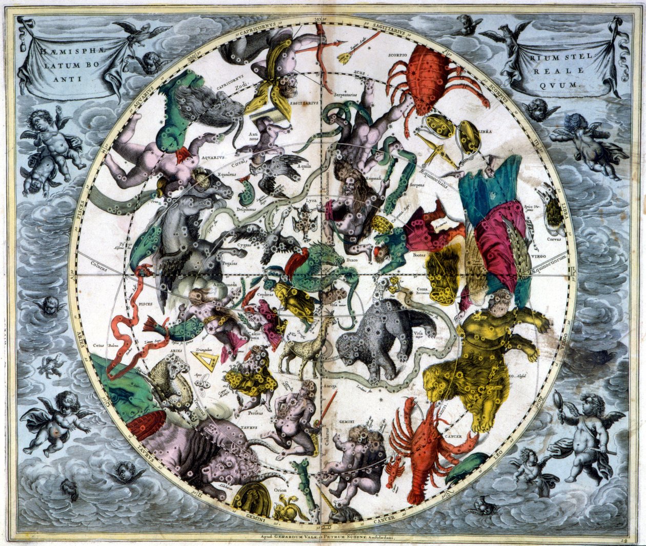 Égtérkép és állatöv jelei - egy ősi kompozíció fakszimile, amely az északi égbolt csillagképeit ábrázolja, André Cellarius „Harmonia Macrocosmica” című műve alapján. alkotó: Andreas (after) Cellarius