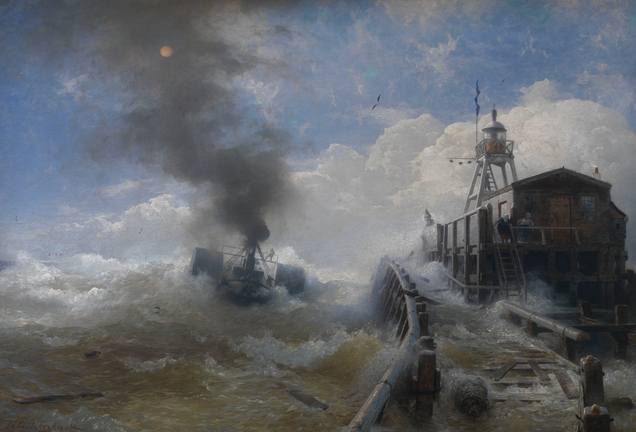 Egy vontatóhajó elhagyja Ostend kikötőjét alkotó: Andreas Achenbach
