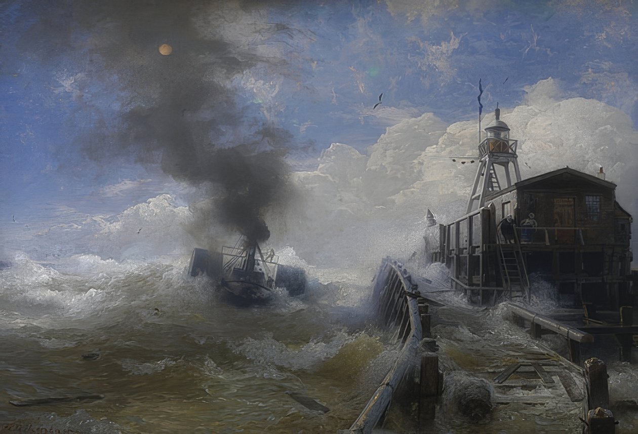 Egy vontatóhajó hagyja el Ostend kikötőjét dagálykor. 1878 alkotó: Andreas Achenbach
