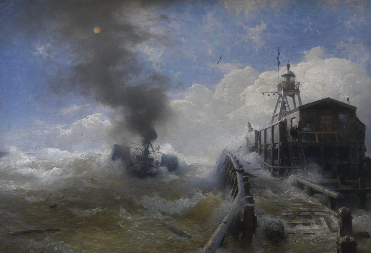 Német: Ein Schlepper verlässt den Hafen von Ostende bei Flut Ostende kikötőjét elhagyó vontatóhajó a fénykorában alkotó: Andreas Achenbach