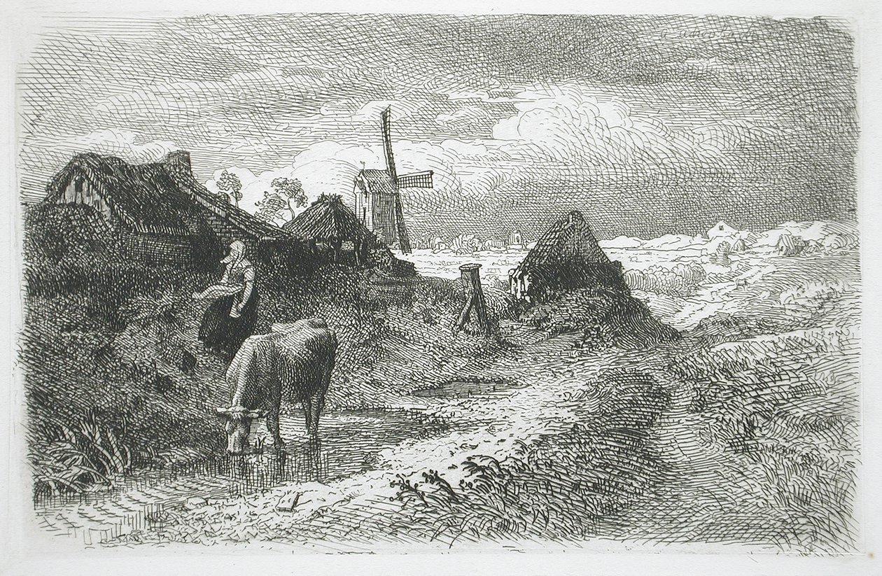 Tájkép parasztházakkal és szélmalommal alkotó: Andreas Achenbach