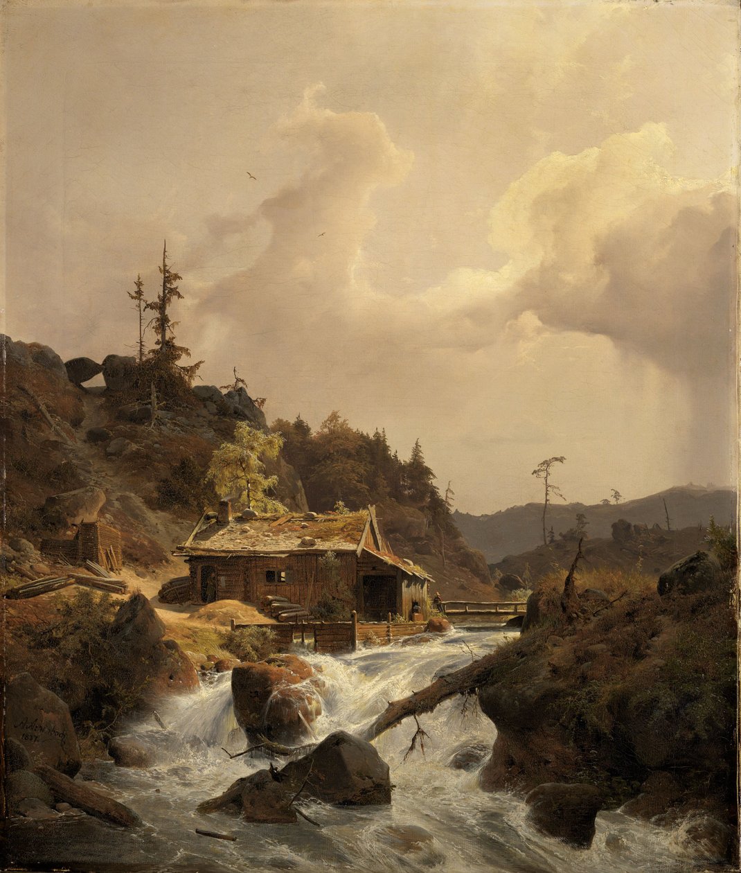 Norvég táj fűrészmalommal alkotó: Andreas Achenbach