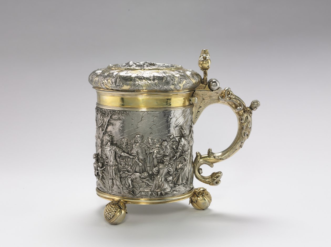 Tankard, 1600-as évek vége (vágott és varrott ezüst lepedő, repoussé és hajlított dísz, öntött fogantyú és lábak, részben aranyozott) alkotó: Andreas Brachfeldt