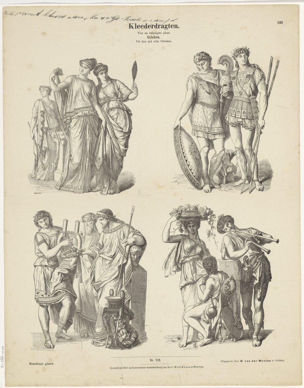 Kleedbedrachtten / Huszonnegyedik lemez. / görögök. / Krisztus előtti időkből (cím a tárgyon) Munchener tányérok (a sorozat címe a tárgyon) alkotó: Andreas C. Müller